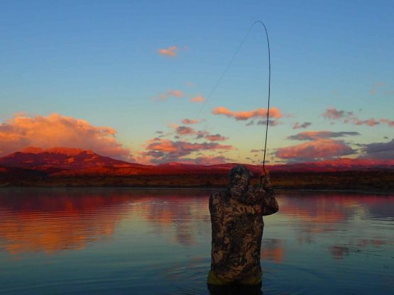 Angler with a fish on the hook with a sunrise in the background.